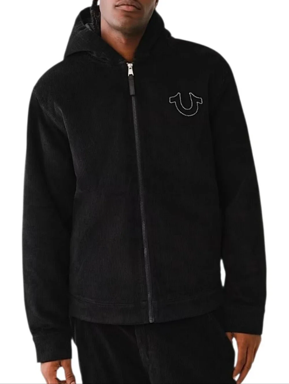 True Religion Black Horseshoe Med Ribbed Corduroy Hooded Zip Jacket XL NWT